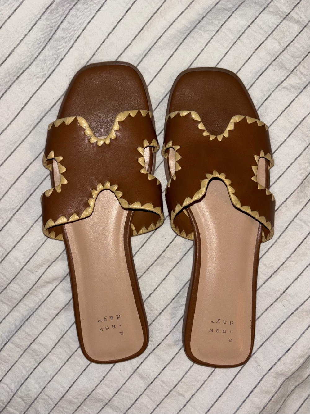 Brown Leather Slide Sandals with raffia Trim - Women's Slip-On